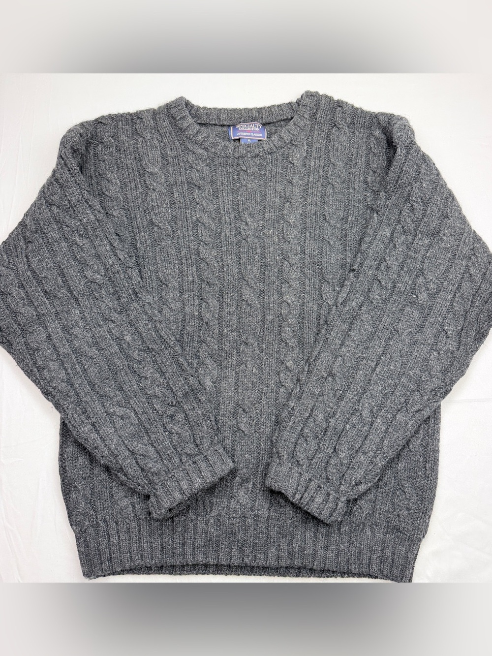 Men's Gray Cable 100% Wool Crewneck Sweater - Picture 1 of 8